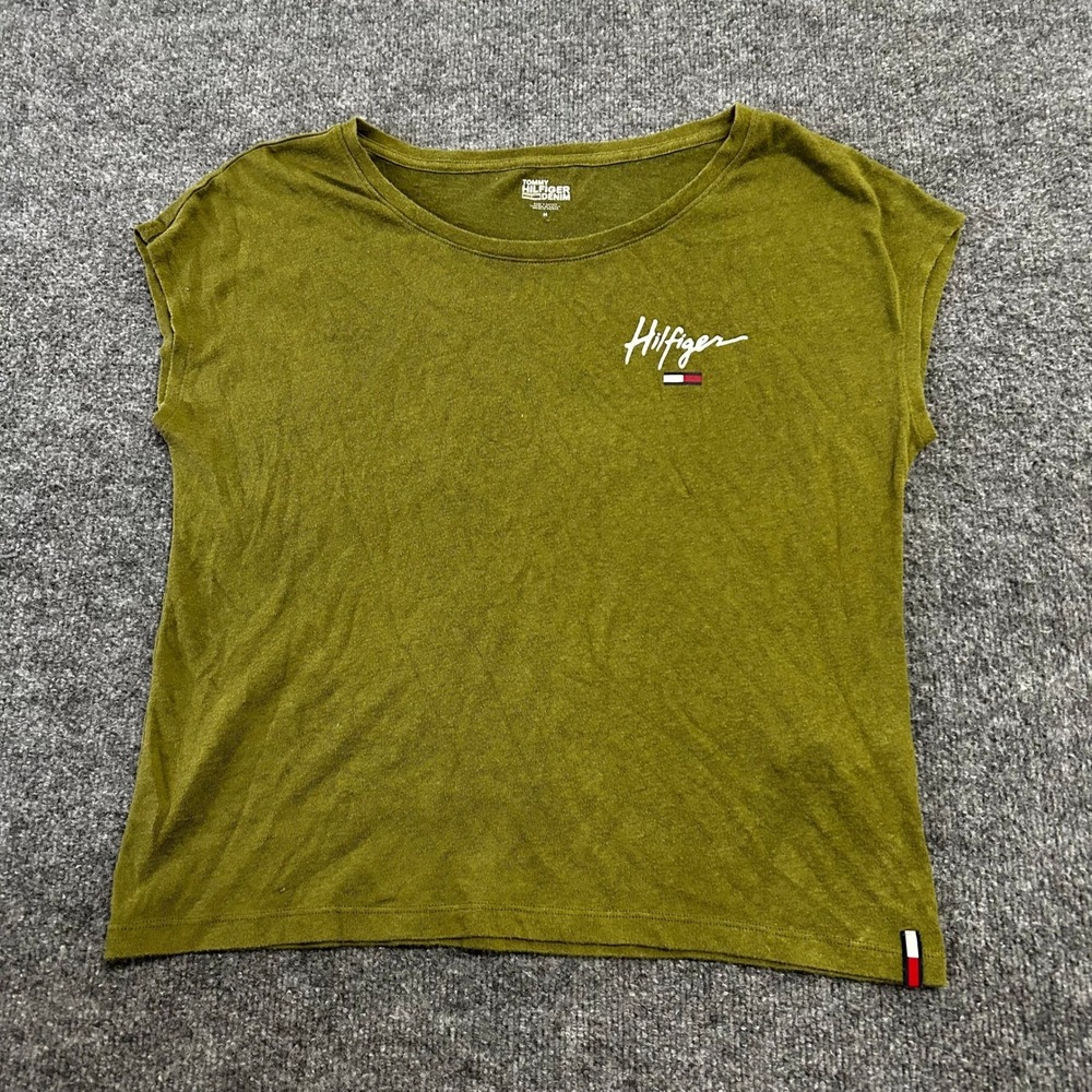 Tommy Hilfiger T-Shirt Womens Size M Olive Green Script Logo Short Sleeve Casual